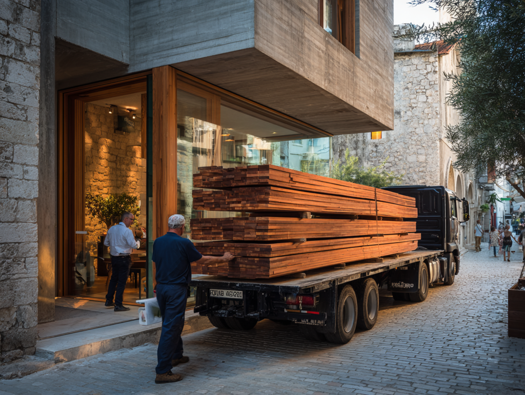 A stack of premium oak planks in the MP Lumber warehouse, ready for export to Europe.