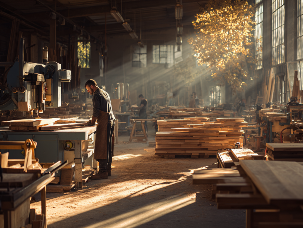 Autumn hardwood preparation, craftsmen sanding kiln-dried European oak planks in joinery workshop to meet year-end demand