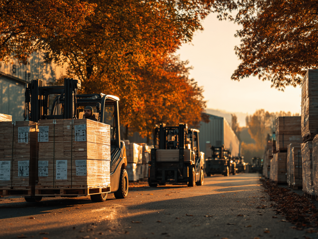 Stacks of European hardwood planks in the MP Lumber warehouse, ready for hardwood shipments on a sunny autumn day.