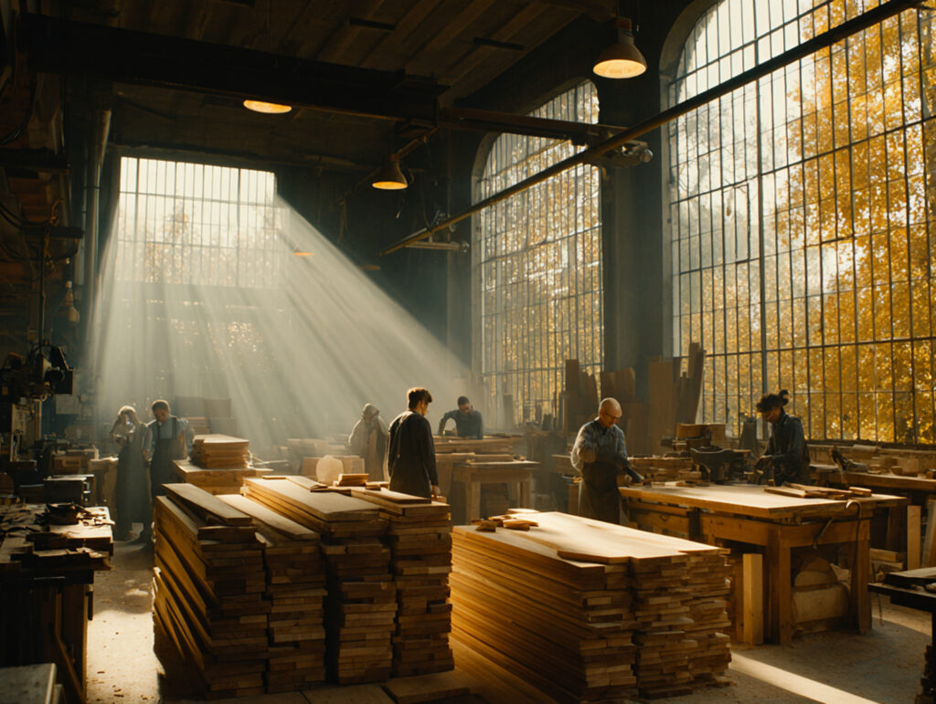 Professional woodworkers in a workshop processing kiln-dried hardwood planks, protected from autumn moisture.